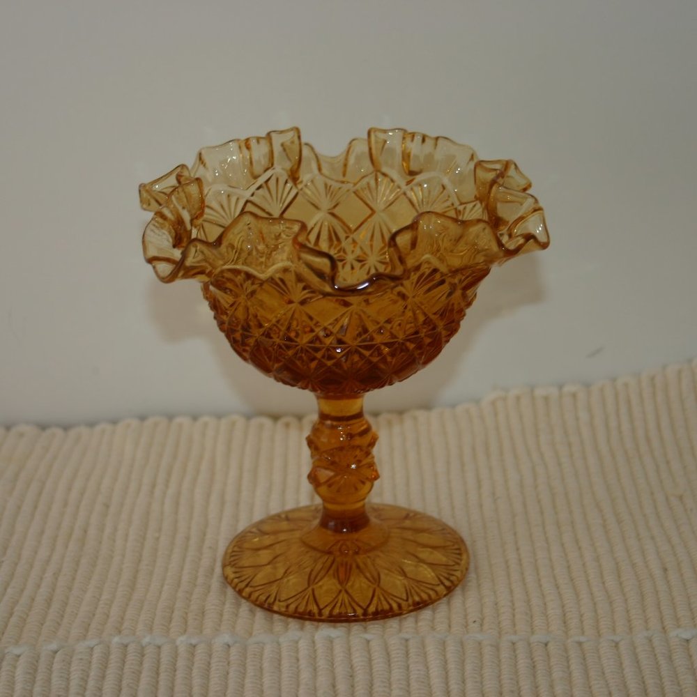 Fenton VTG OVG Orange Carnival Glass Pedestal Candy Dish R-393